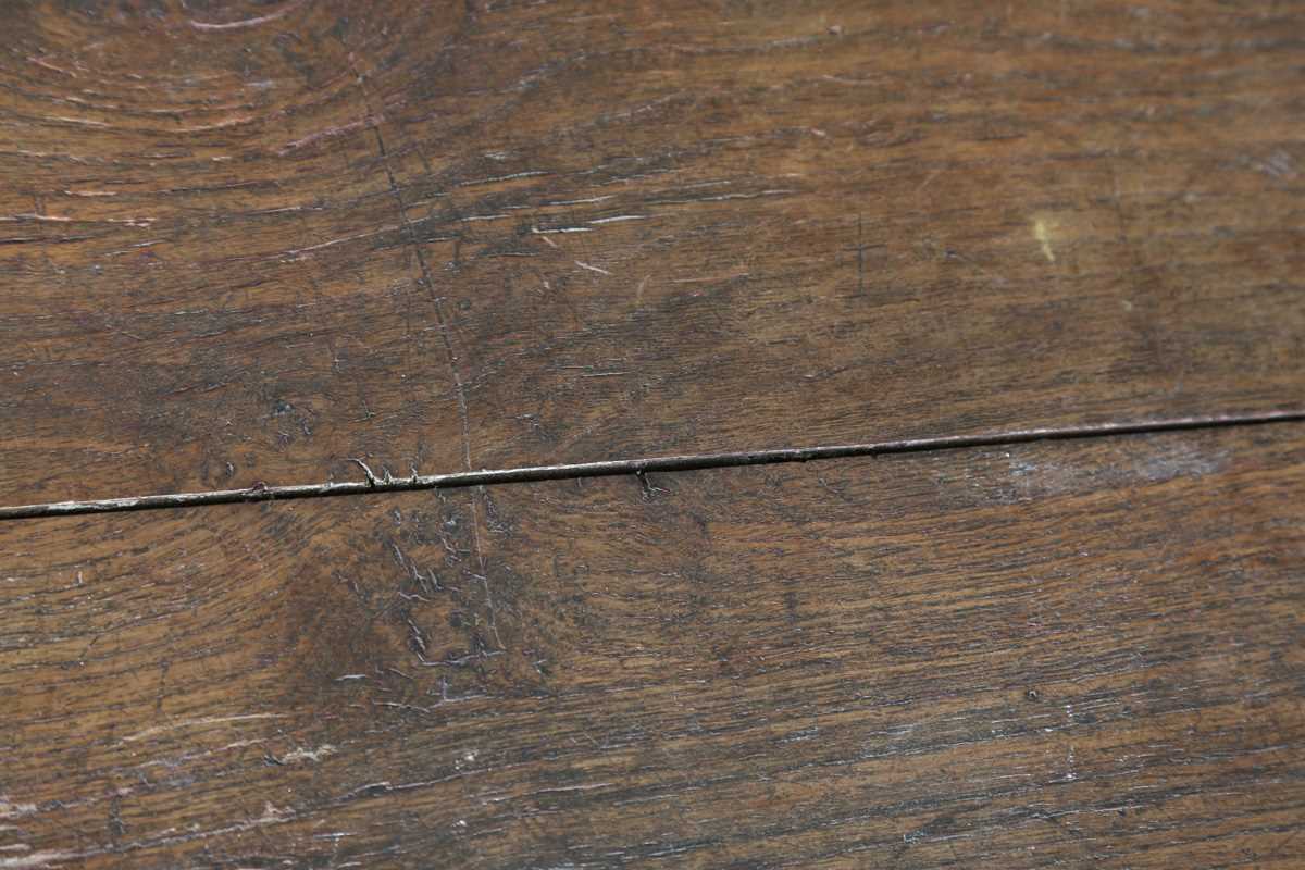 A 17th century oak panelled coffer, the lid with original wire hinges, height 71cm, width 125cm, - Image 4 of 17