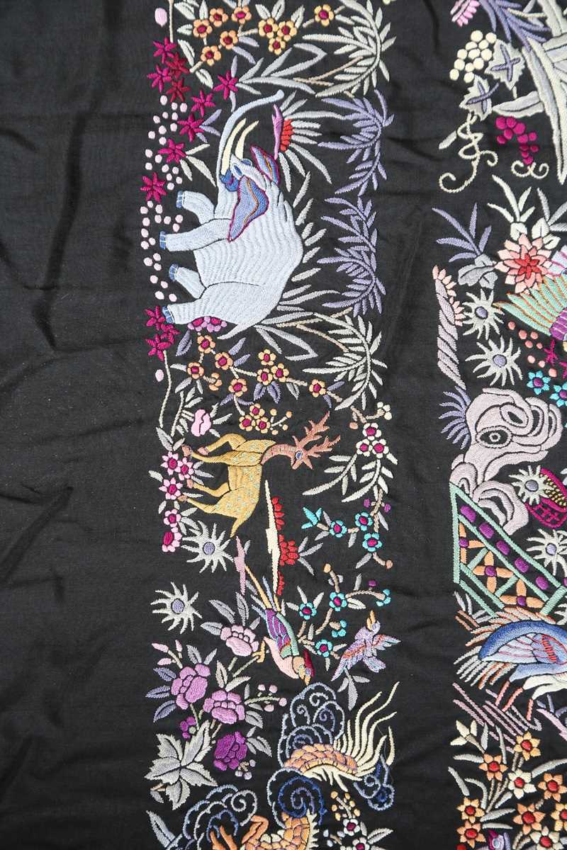 A mid-20th century Chinese silkwork shawl, profusely embroidered with birds, animals and figures - Image 6 of 16