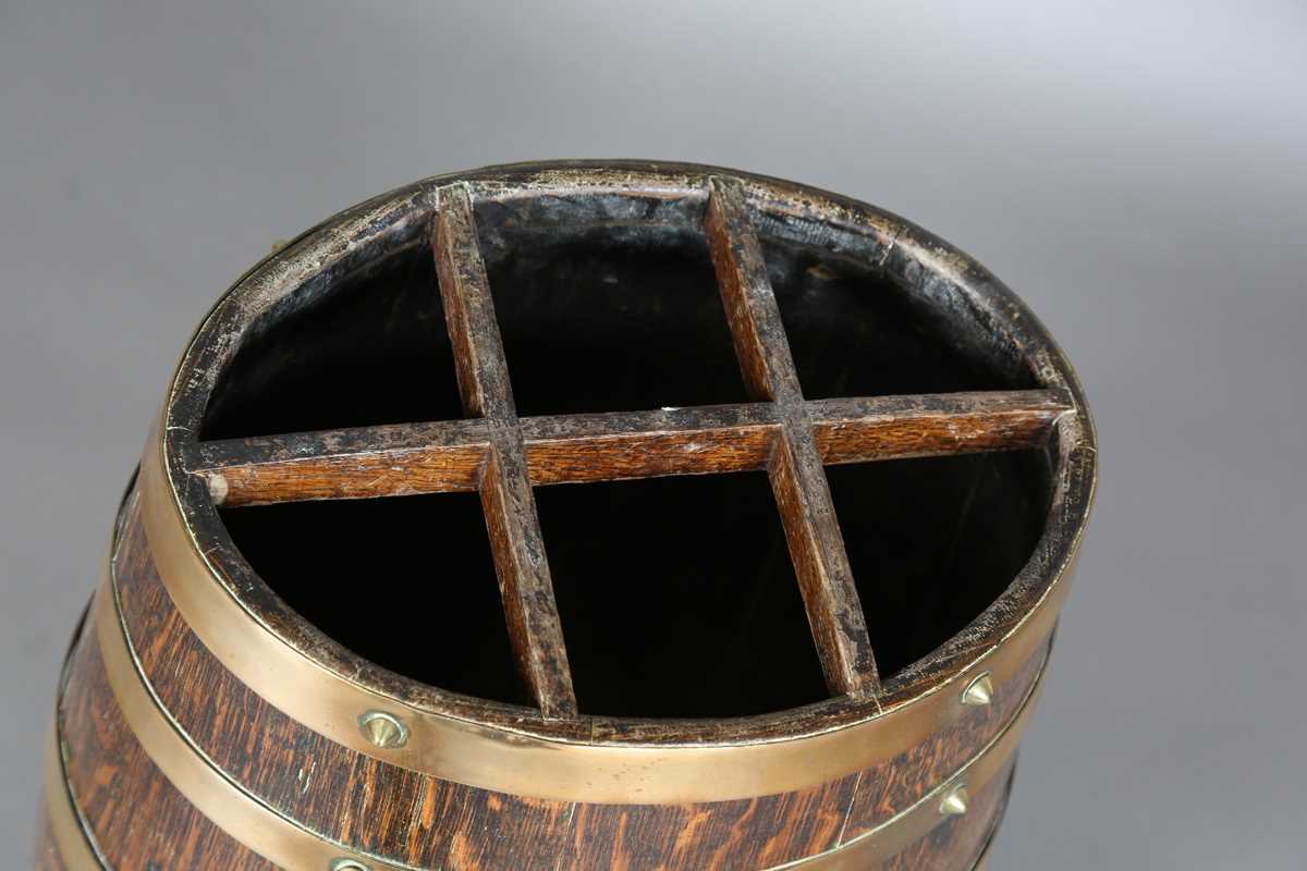 A late 19th century coopered oak barrel stick stand with six applied brass straps, height 63cm, - Image 2 of 11