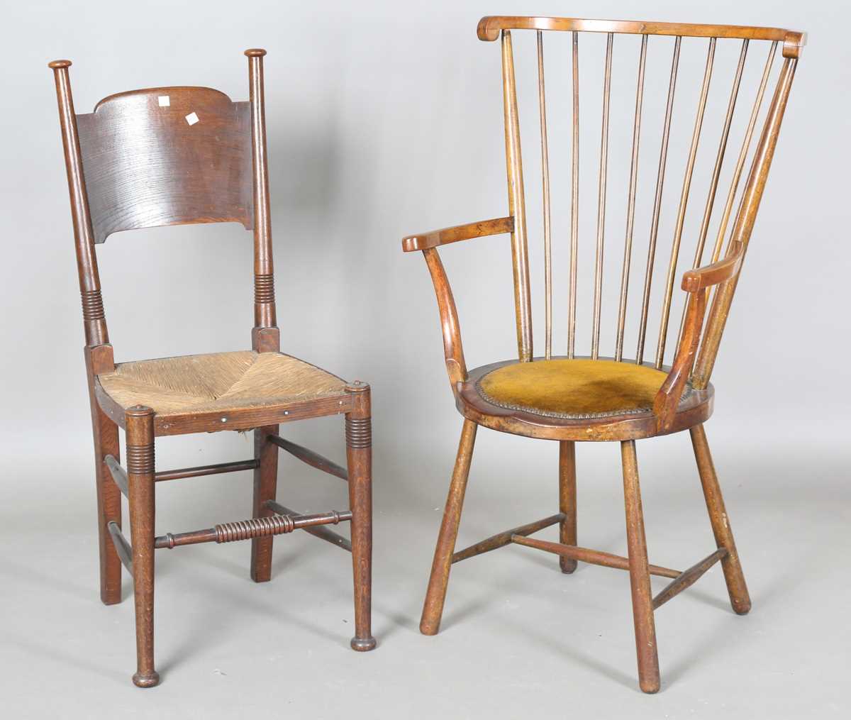 An Edwardian beech stick back armchair, on turned legs, height 103cm, width 55cm, together with a