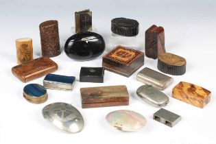 A collection of mainly 19th century snuff boxes, including a Regency papier-mâché example of fan
