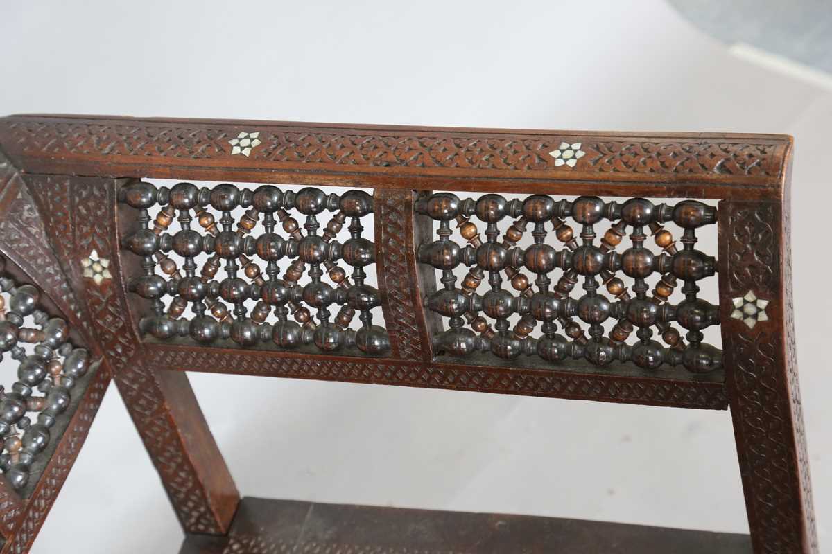 A late 19th century Middle Eastern hardwood and mother-of-pearl inlaid window seat, similar to those - Image 7 of 19