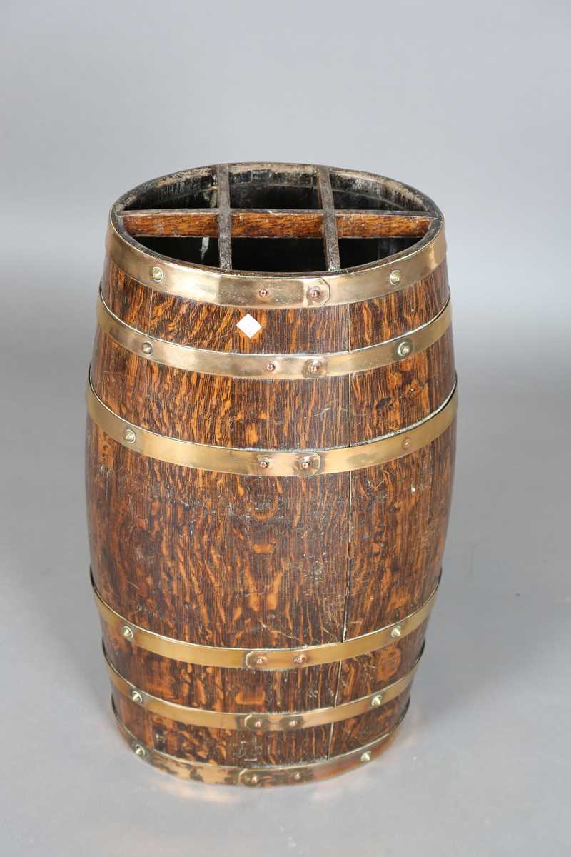 A late 19th century coopered oak barrel stick stand with six applied brass straps, height 63cm, - Image 5 of 11
