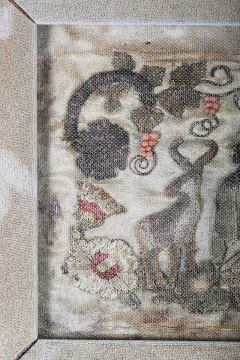 A Charles II stumpwork panel, finely worked in coloured silks, chenille and coral beads with a - Image 3 of 5