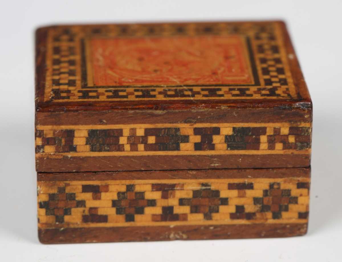 An Edwardian Tunbridge ware stamp box, the lid with an applied 'One Penny' stamp, length 3.8cm, - Image 3 of 9