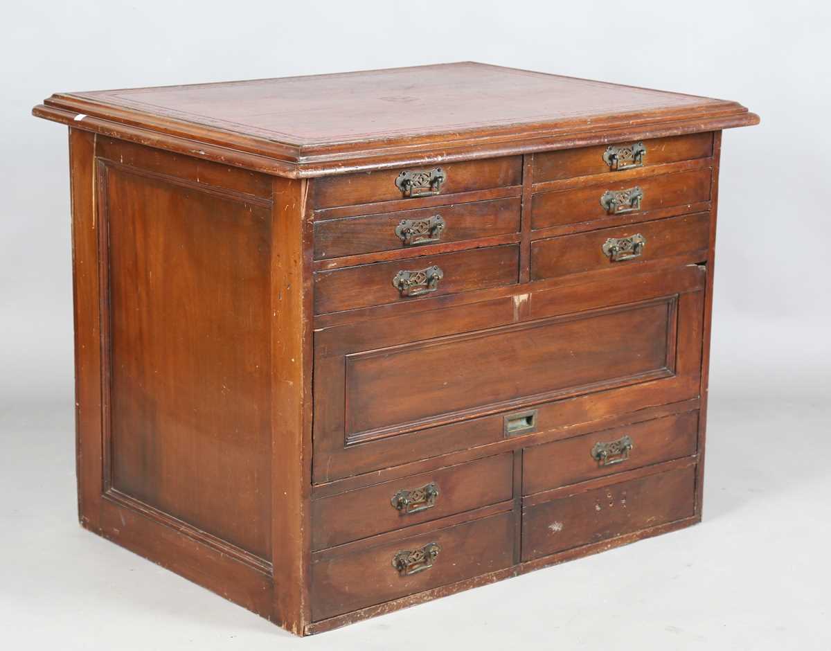 A late Victorian stained walnut folio or map chest, possibly used onboard ship, the removable top