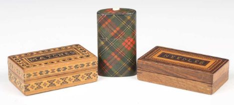 A late Victorian Tunbridge ware 'Matches' box, length 6.2cm, a similar 'Needles' box and a '