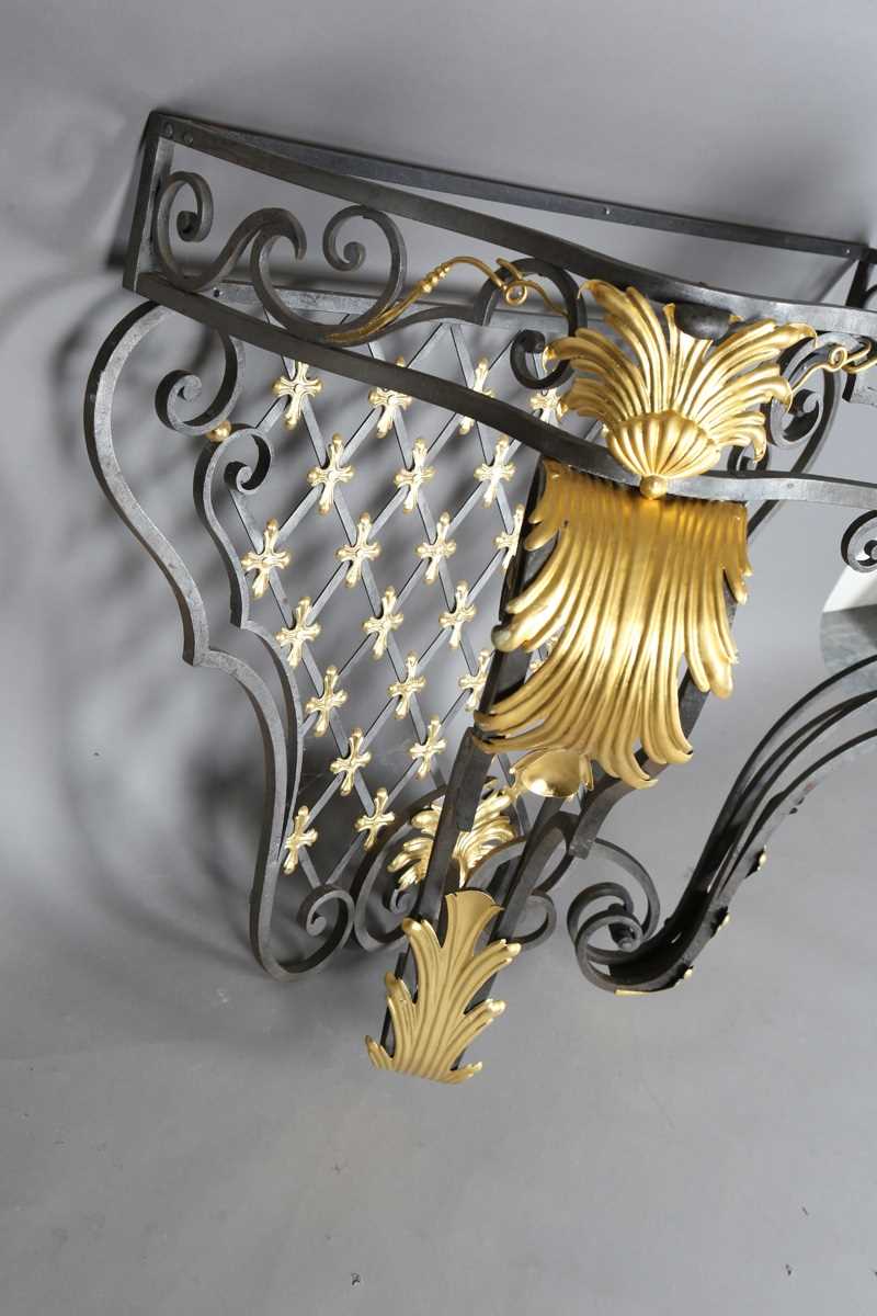 An impressive 20th century black and gilt painted wrought iron console table, the substantial Brèche - Image 10 of 12