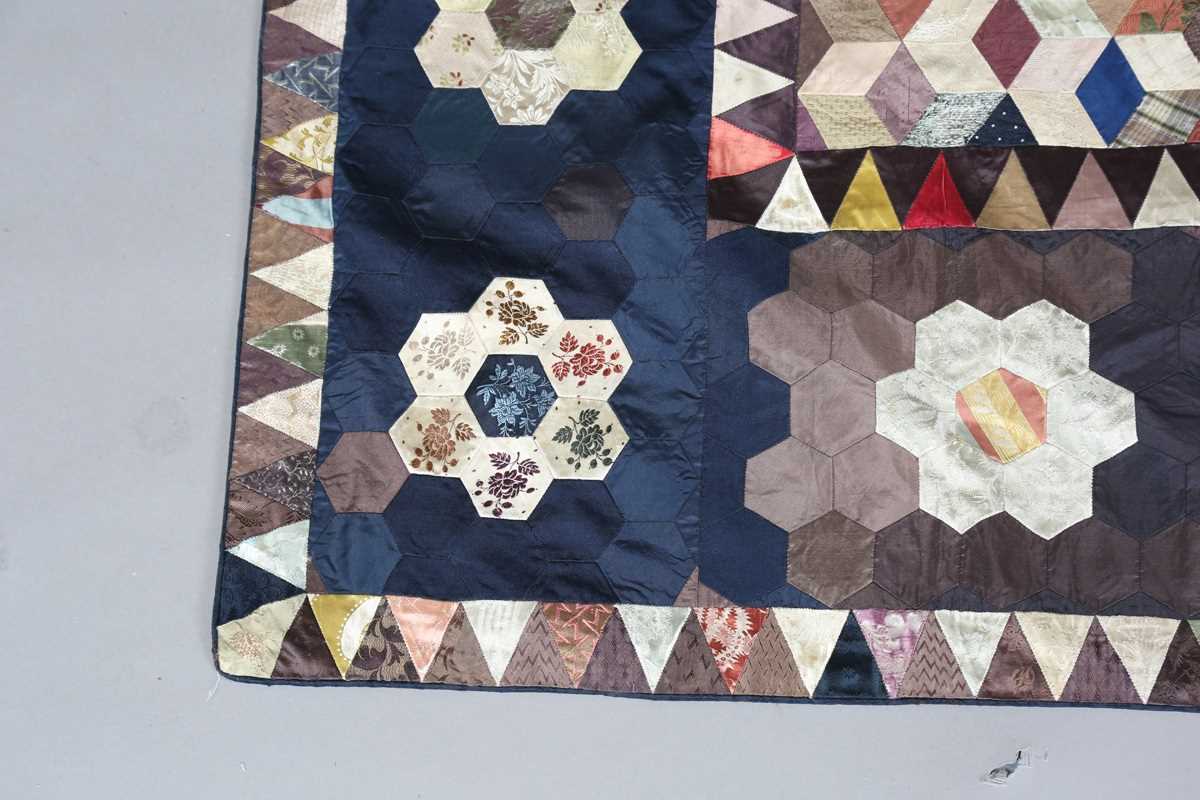 A mid-Victorian silk patchwork quilt, 190cm x 150cm, together with another similar silk and cotton - Image 11 of 11