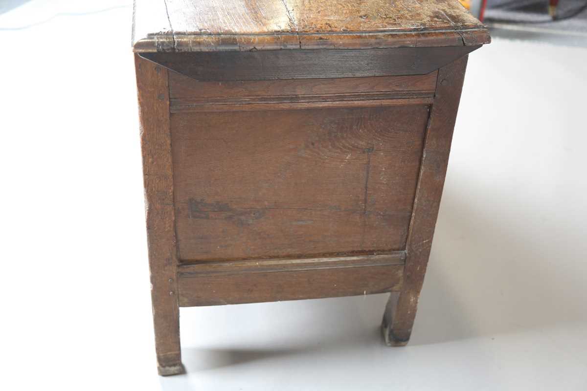 A 17th century oak panelled coffer, the lid with original wire hinges, height 71cm, width 125cm, - Image 17 of 17