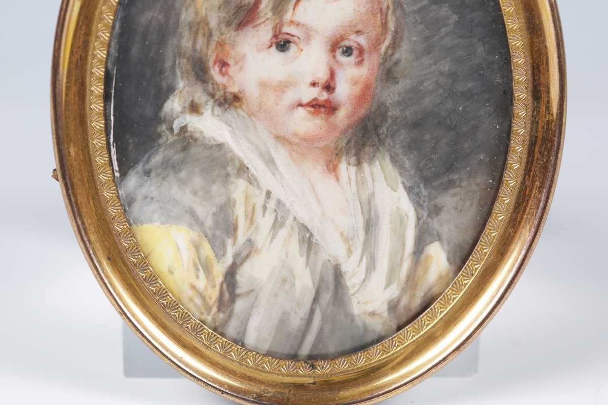 Circle of Peter Adolf Hall - an 18th century oval half-length portrait miniature of a child, - Image 3 of 6