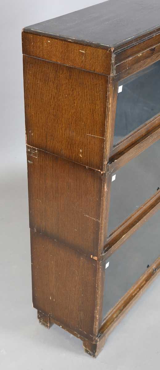 A George V oak Globe Wernicke three-section library bookcase, on block legs, height 111cm, width - Image 6 of 8