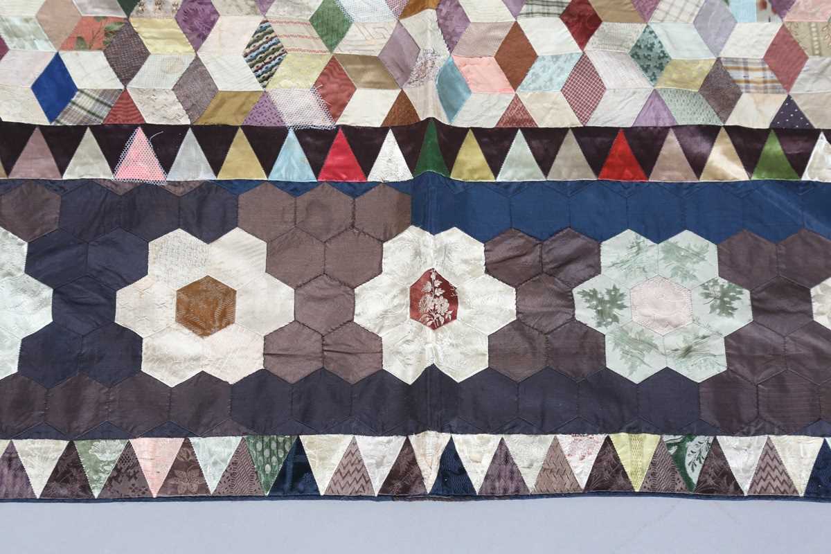 A mid-Victorian silk patchwork quilt, 190cm x 150cm, together with another similar silk and cotton - Image 10 of 11