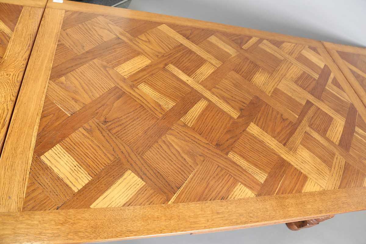 A 20th century French parquetry oak draw-leaf dining table, on turned legs, height 75cm, length - Image 4 of 10