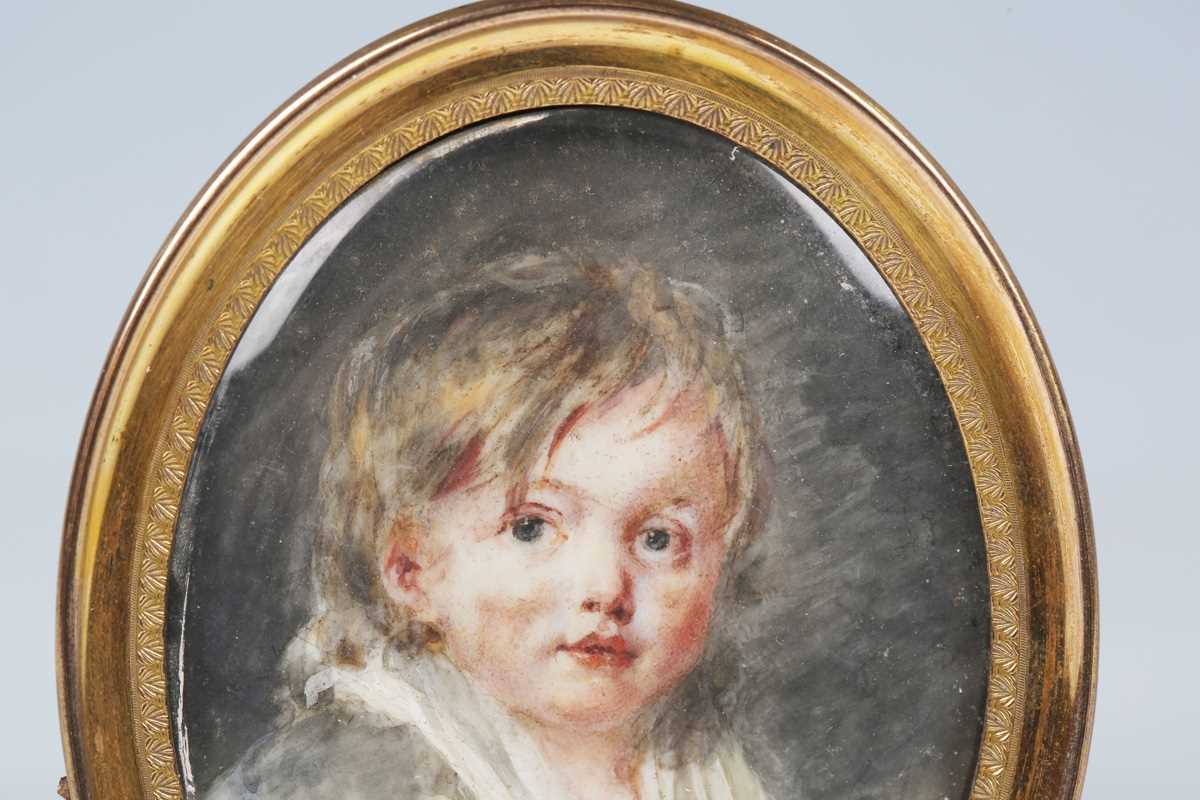 Circle of Peter Adolf Hall - an 18th century oval half-length portrait miniature of a child, - Image 2 of 6