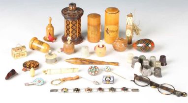 A mixed group of objects of virtu, including a Victorian Tunbridge ware go-to-bed, height 9.5cm (
