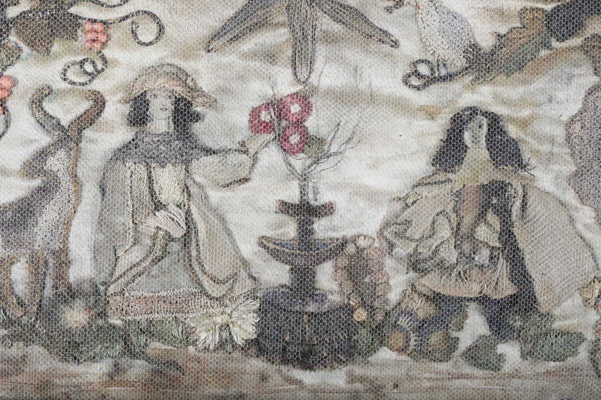 A Charles II stumpwork panel, finely worked in coloured silks, chenille and coral beads with a - Image 2 of 5