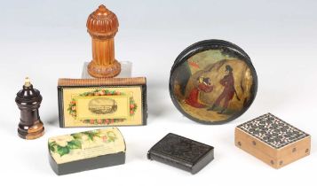 A Victorian lignum vitae go-to-bed vesta case, length 6cm, a carved vegetable ivory vesta case, a