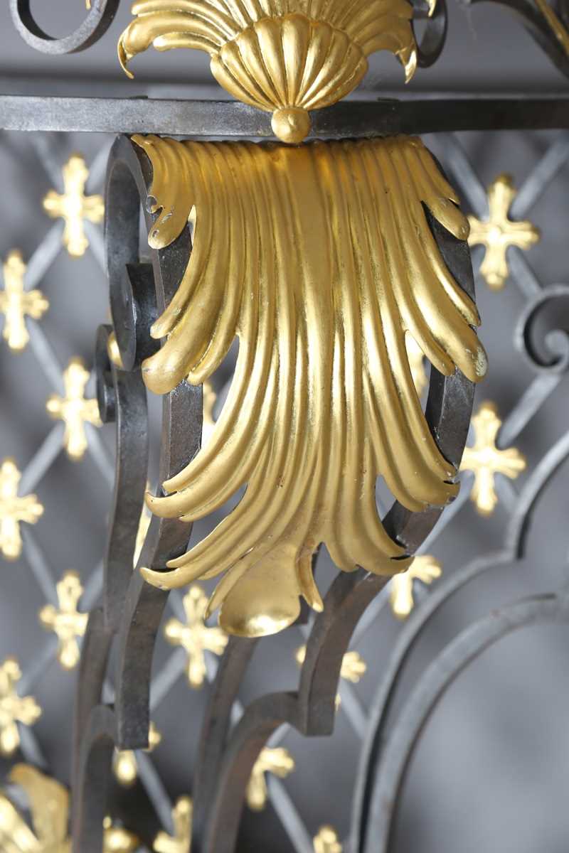 An impressive 20th century black and gilt painted wrought iron console table, the substantial Brèche - Image 6 of 12