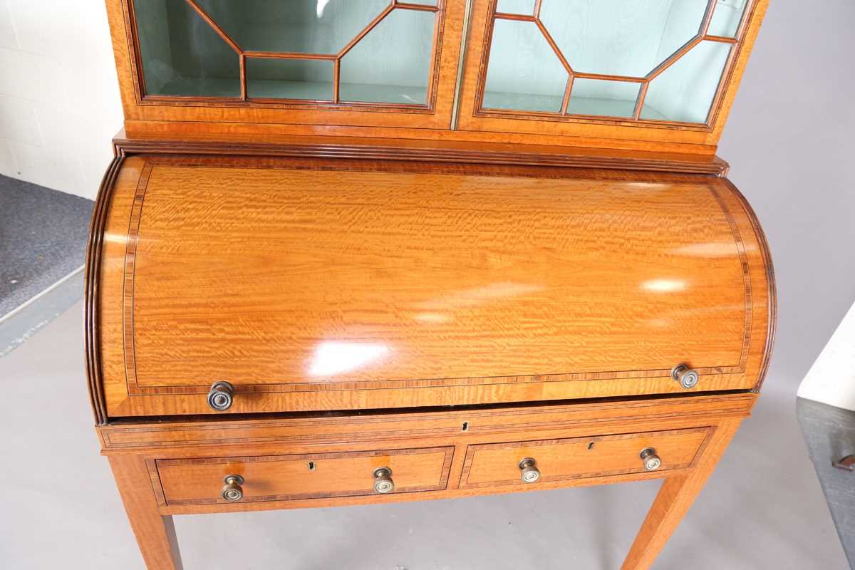 An Edwardian Neoclassical Revival satinwood cylinder bureau bookcase with overall kingwood - Image 11 of 21