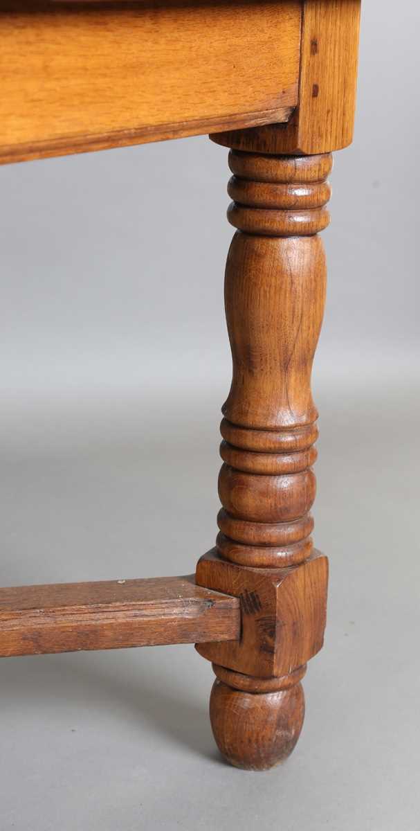 A 20th century French parquetry oak draw-leaf dining table, on turned legs, height 75cm, length - Image 9 of 10