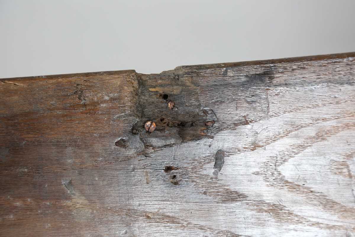 A 17th century oak panelled coffer, the lid with original wire hinges, height 71cm, width 125cm, - Image 9 of 17