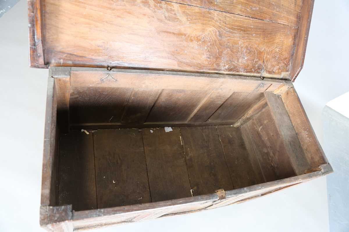 A 17th century oak panelled coffer, the lid with original wire hinges, height 71cm, width 125cm, - Image 6 of 17