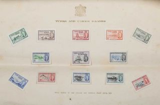 Turks and Caicos Islands set of 13 imperf proofs on gummed watermark paper for 1950 definitive