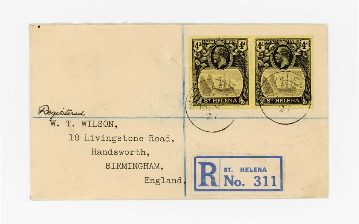 St Helena 1927 registered cover to England with 4d pair, left hand stamp with 'Cleft Rock' variety