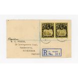 St Helena 1927 registered cover to England with 4d pair, left hand stamp with 'Cleft Rock' variety
