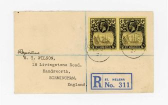 St Helena 1927 registered cover to England with 4d pair, left hand stamp with 'Cleft Rock' variety