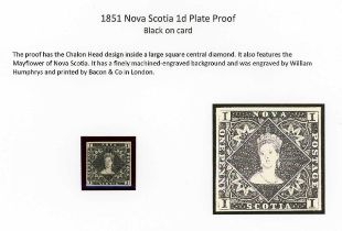 Chalon heads specialized stamp collection in an album with Nova Scotia 1851-7 1d plate proof in