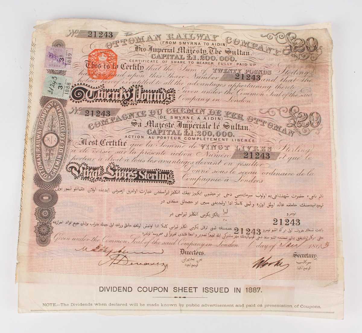 SHARE CERTIFICATES. An Ottoman Railway Company from Smyrna to Aidin £20 share certificate, No.