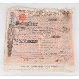 SHARE CERTIFICATES. An Ottoman Railway Company from Smyrna to Aidin £20 share certificate, No.