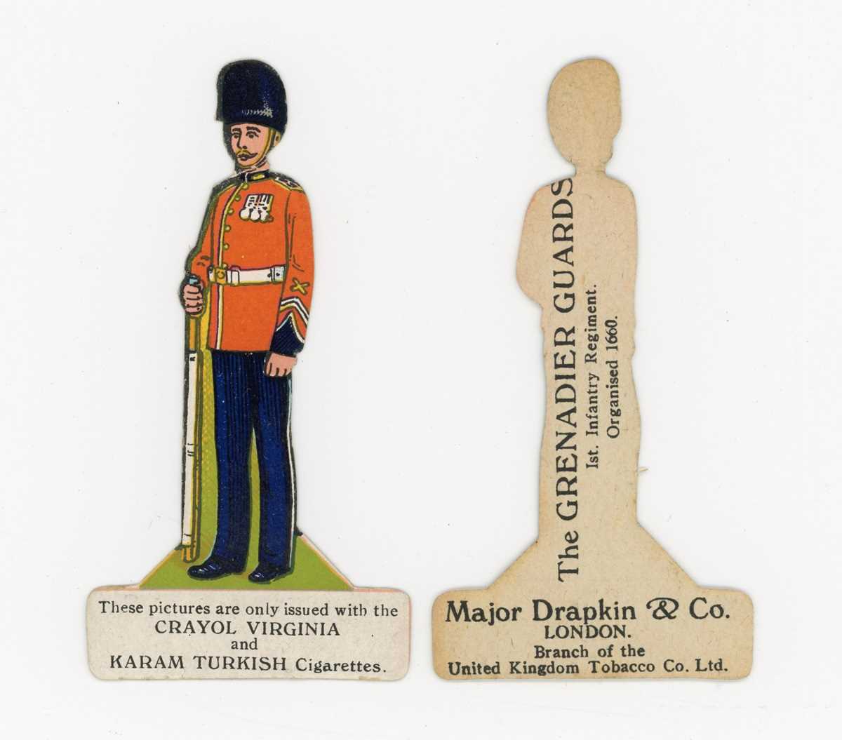 A collection of cigarette cards and cigarette boxes, including 10 Major Drapkin ‘Soldiers and