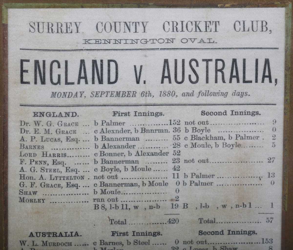 CRICKET. An official silk scorecard for the first test match on English soil, England v Australia, - Bild 3 aus 5