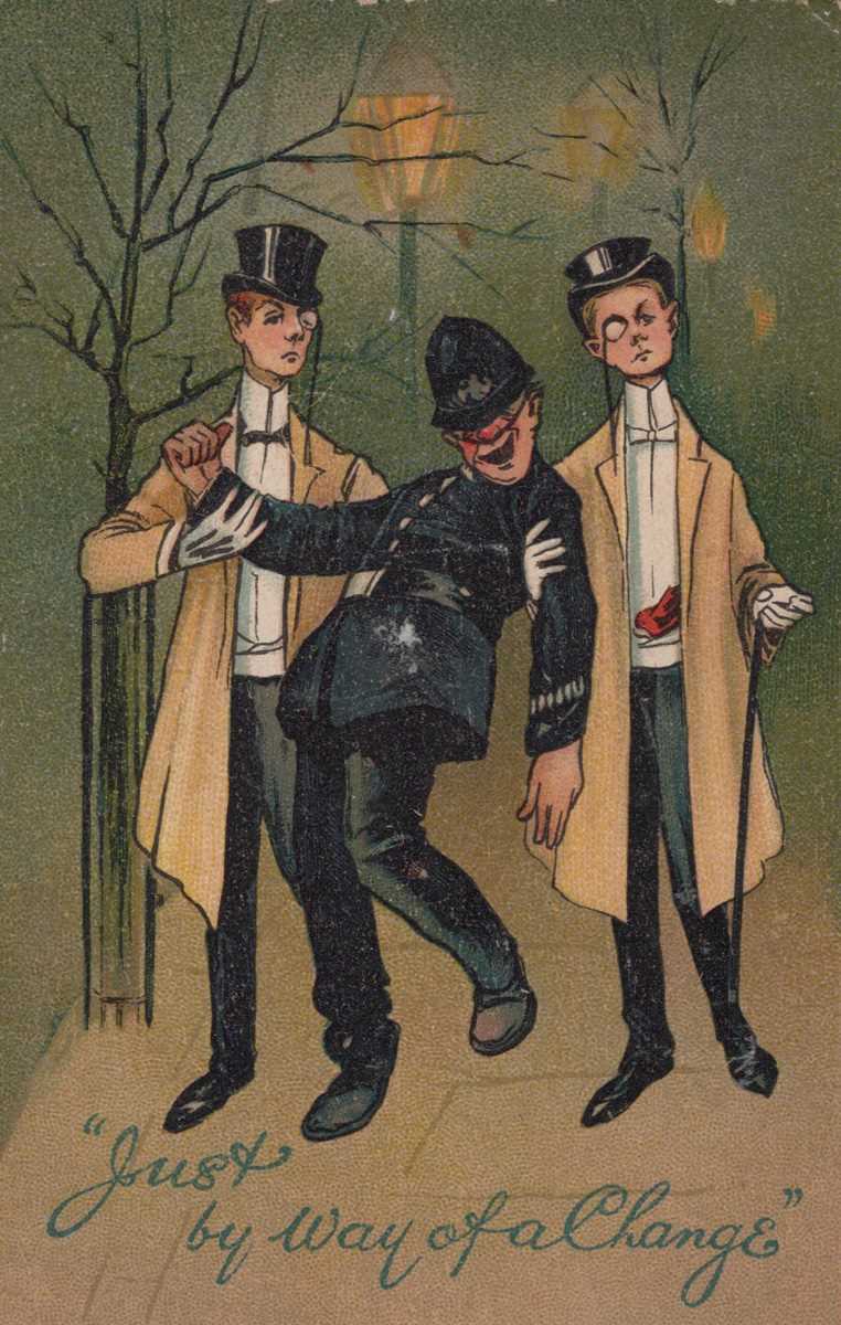 Two albums containing approximately 1005 postcards featuring policemen, the majority comic/