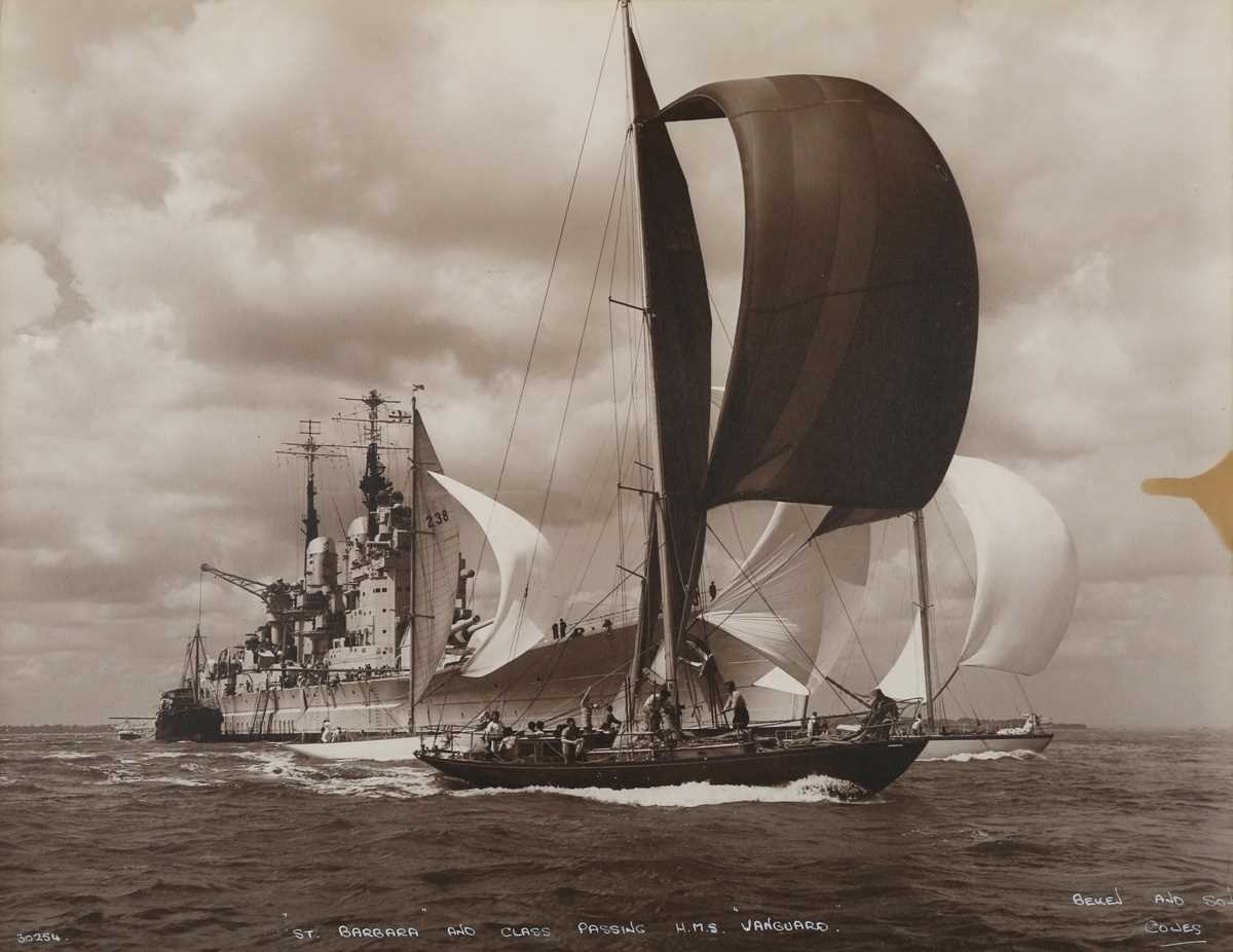 PHOTOGRAPHS. A sepia-toned photograph of a yacht titled ‘St. Barbara and Class Passing H.M.S.