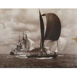 PHOTOGRAPHS. A sepia-toned photograph of a yacht titled ‘St. Barbara and Class Passing H.M.S.