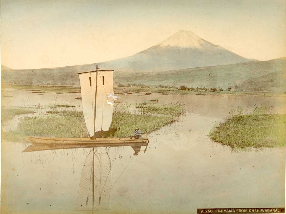 PHOTOGRAPHS. A group of eight albumen-print photographs of Japan, five hand-coloured, mounted on