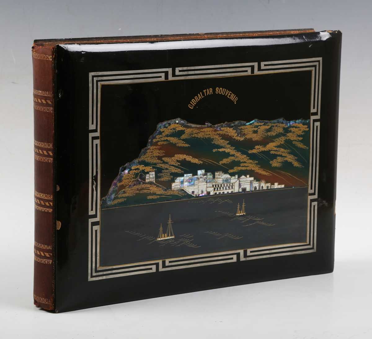 ALBUM. An usual Japanese lacquered photograph or postcard album with mother-of-pearl and abalone