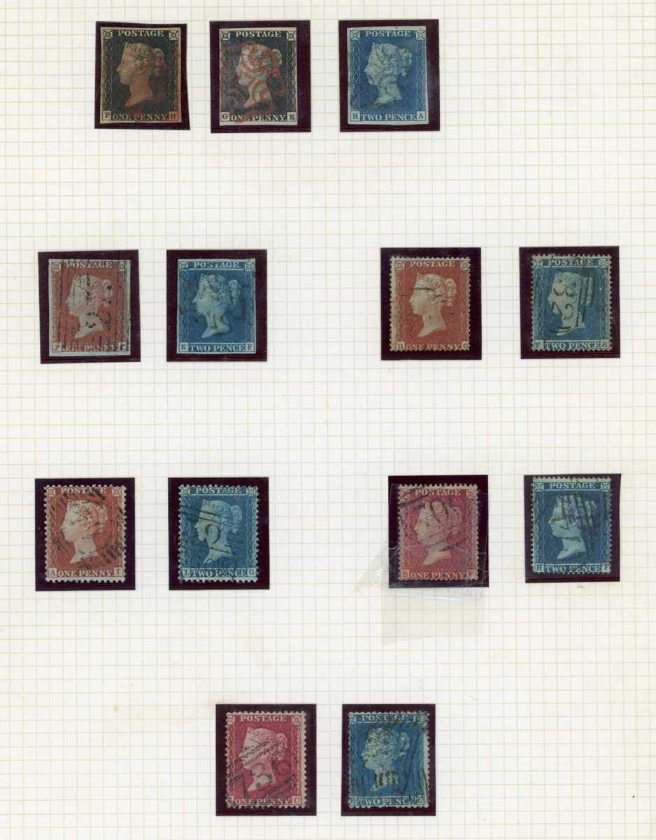 Great Britain stamps in an album from 1840 1d black (two) with four margins 2d blue, 1867 5