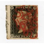 Great Britian 1840 1d black stamp Plate 1A, used double strike red Maltese Cross, four margins