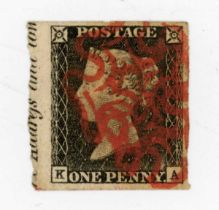 Great Britian 1840 1d black stamp Plate 1A, used double strike red Maltese Cross, four margins