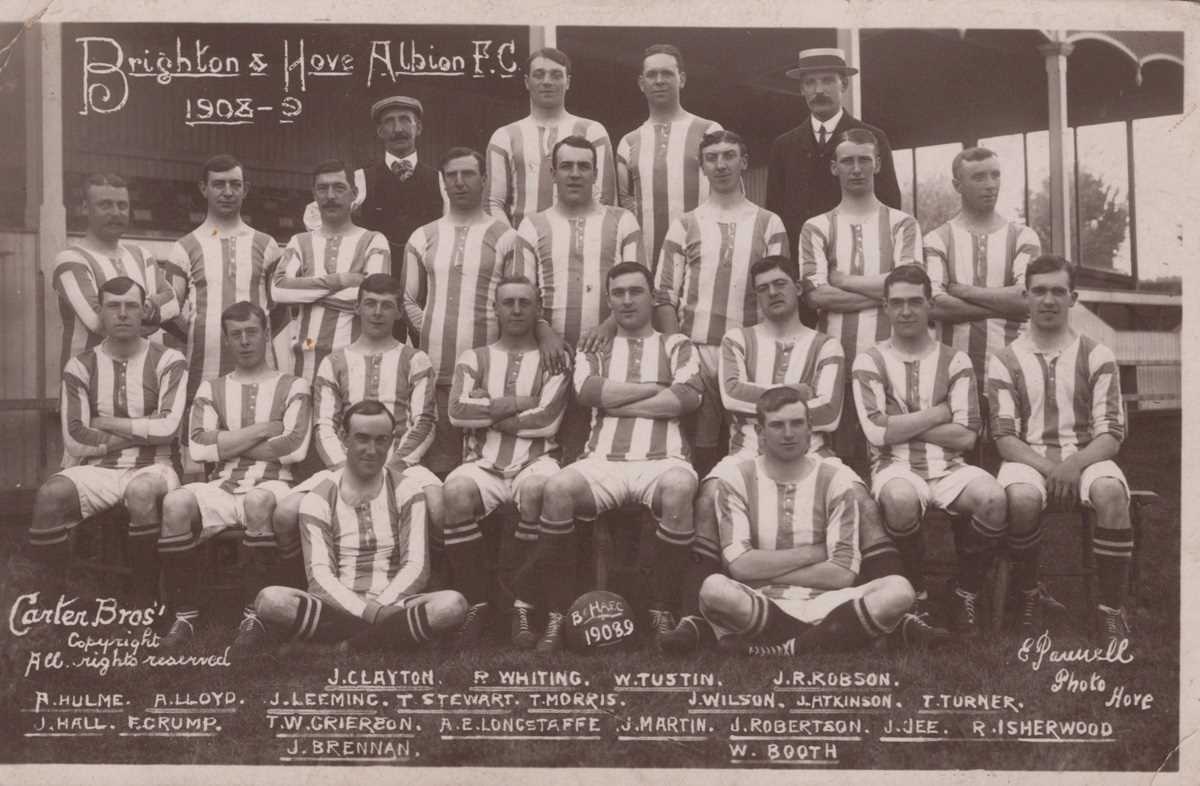 A group of 8 photographic postcards relating to Brighton and Hove Football Club, including a 1908-