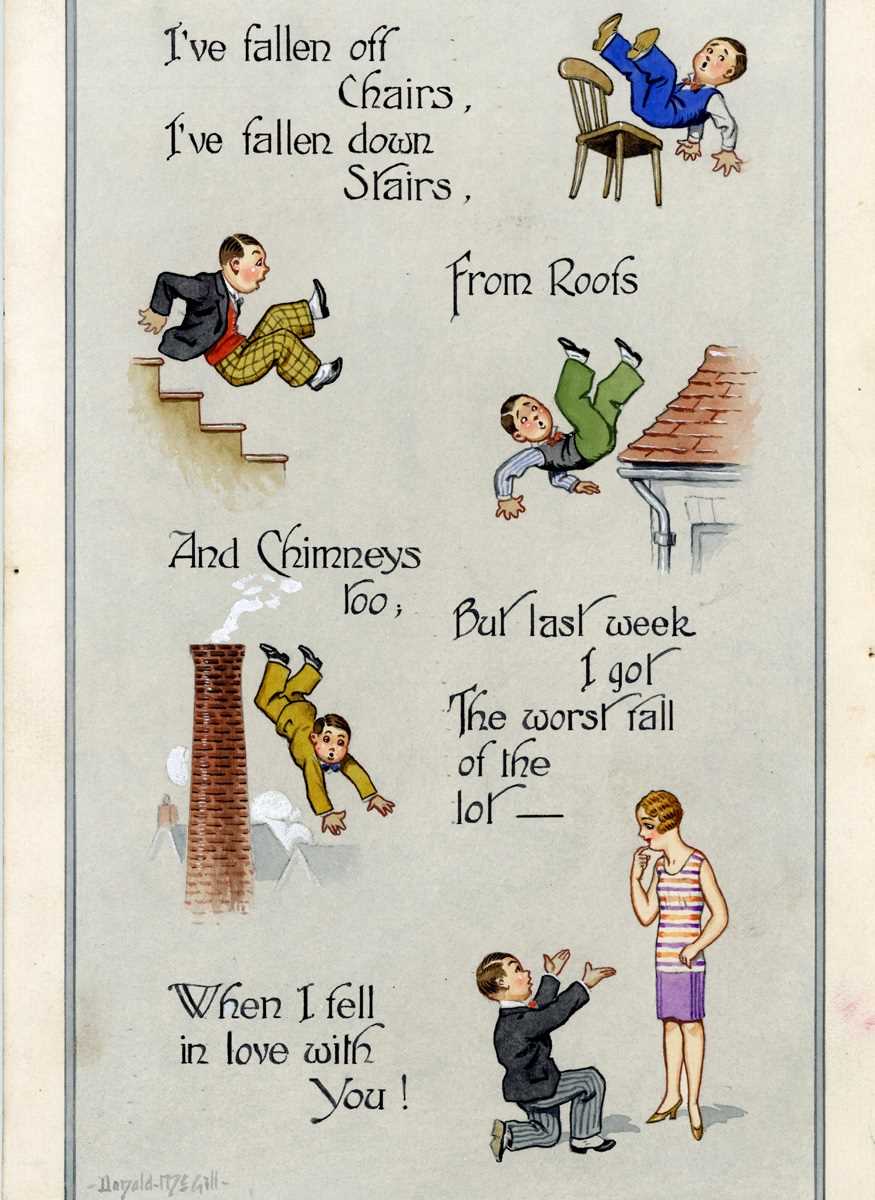 An original watercolour and gouache design by Donald McGill for the postcard 'I’ve fallen off