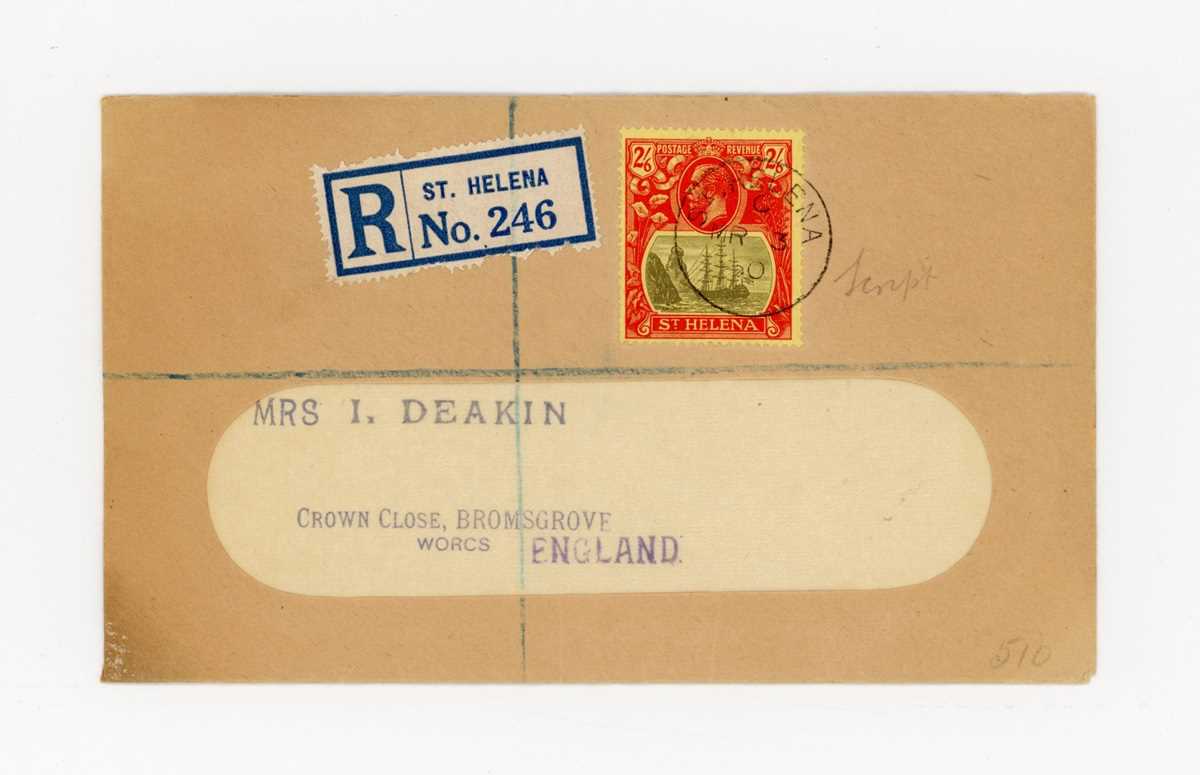 St Helena 1930 registered cover to England with 2 shillings 6d stamp with 'Broken Mainmast'