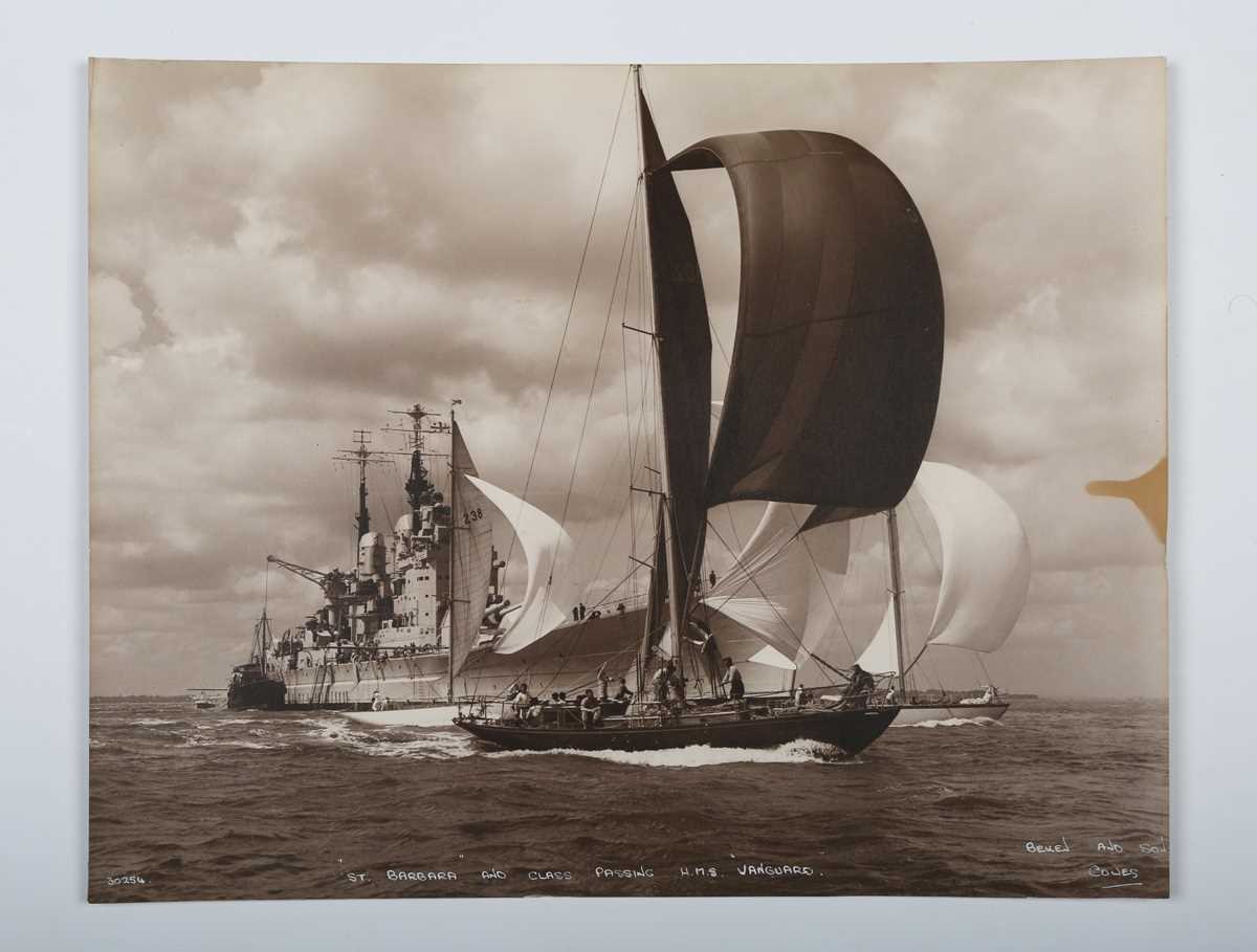 PHOTOGRAPHS. A sepia-toned photograph of a yacht titled ‘St. Barbara and Class Passing H.M.S. - Image 2 of 7