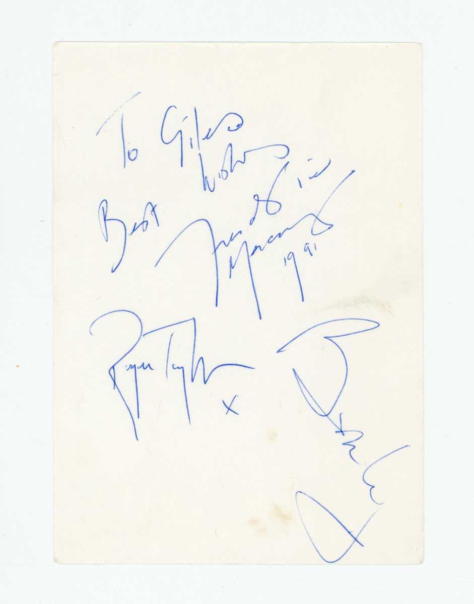 AUTOGRAPH. An autographed leaf, signed by three members of Queen and inscribed 'To Giles Best Wishes