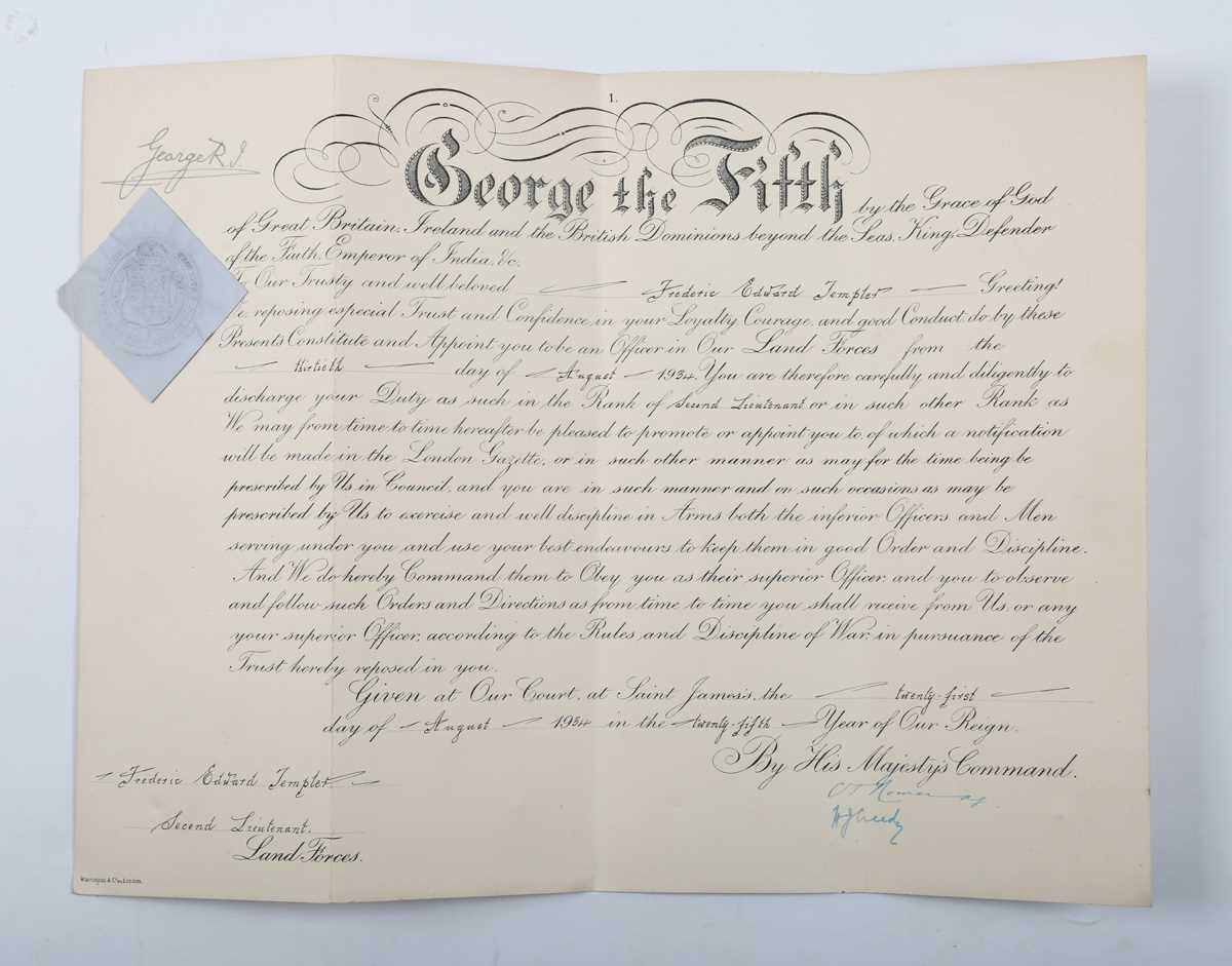 EPHEMERA. A George V Royal Warrant appointing Frederic Edward Templer to be a Second Lieutenant in